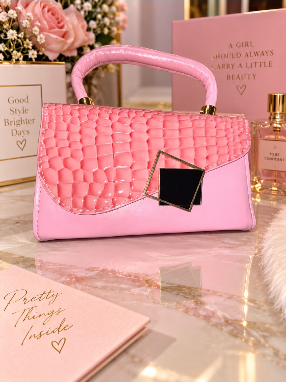 Mini Pink Croc-Effect Top-Handle Bag with Geometric Clasp